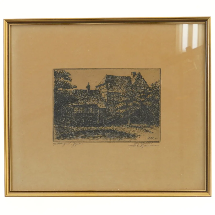 Ramme med billede af hus (str. 36x31 cm)