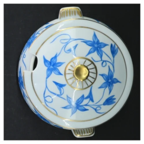 Porcelænssennepskrukke med blåmønster