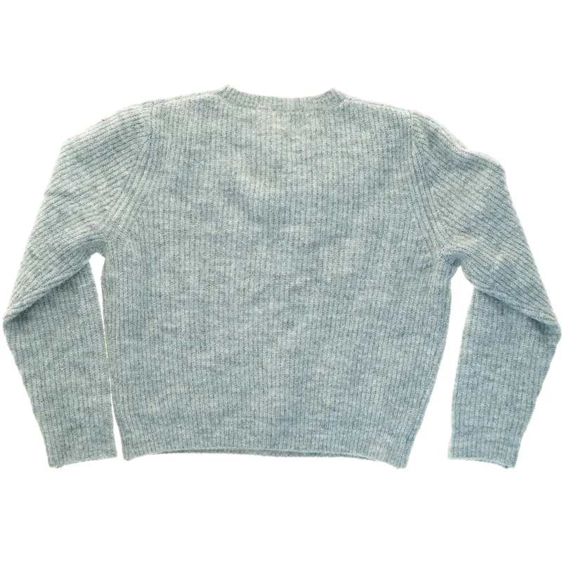 Grå striktrøje med blomsterbroderi (str. 45 x, 50 cm ærme 39 cm)