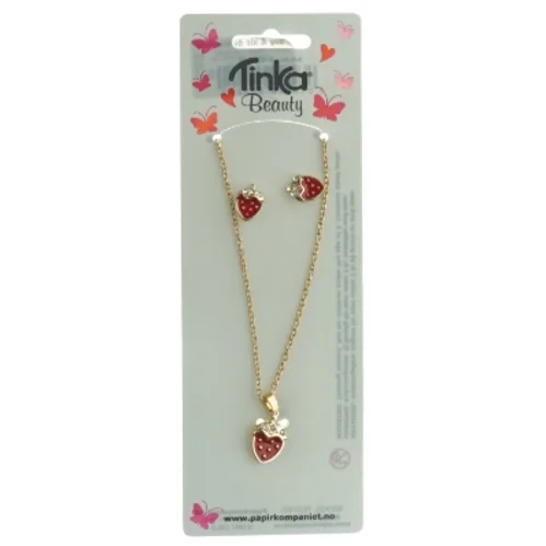 Tinker Halskæde og øreringe med jordbær vedhæng fra Tinka Beauty (str. Kæde 40 cm)