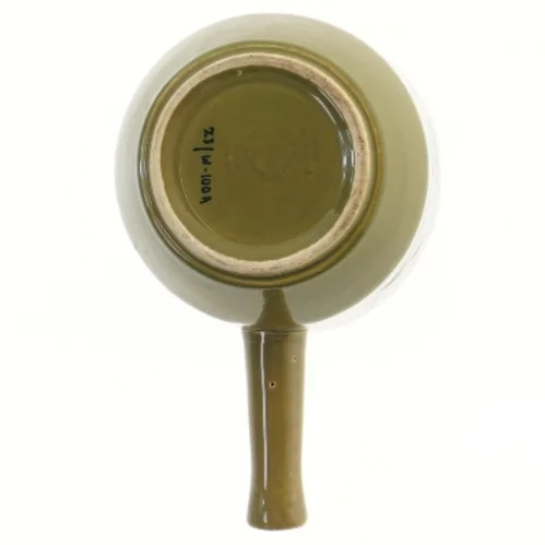 Grøn keramikskål med hank og fiske-motiv (str. 13x11 cm)