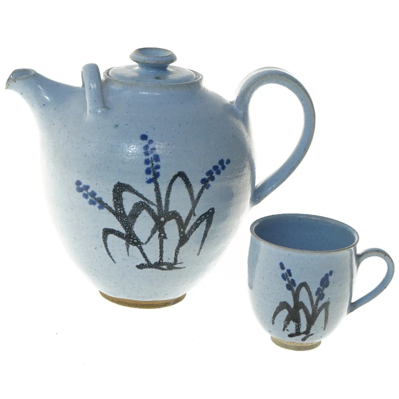 Blå håndlavet keramik tekande og kop sæt (str. 25x16x20 og 8x8 cm)