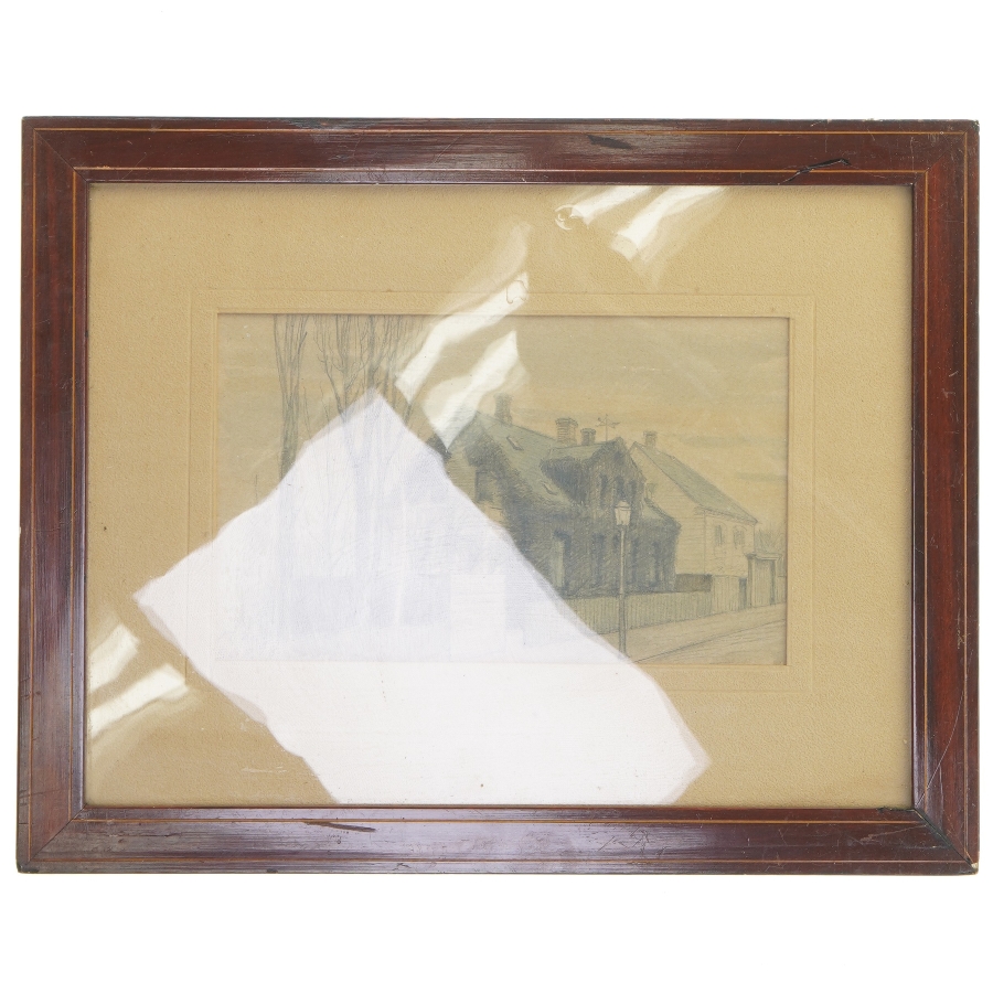 Indrammet maleri af hus (str. 33x26 cm)