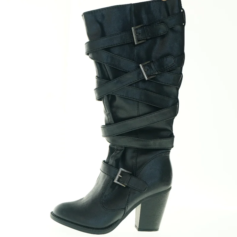 Sorte læderstøvler med hæl og spænder fra Justfab (str. 8)