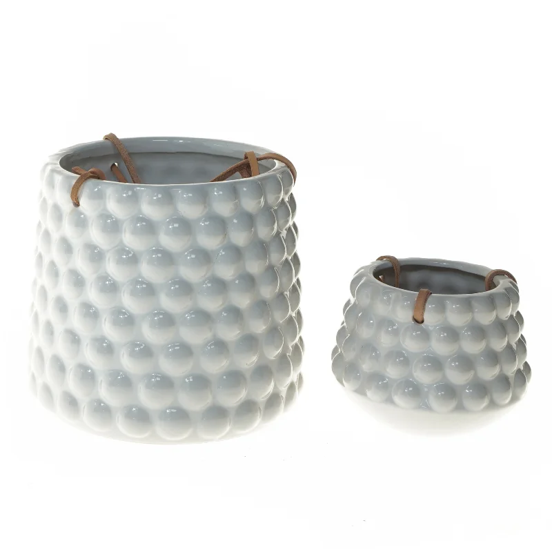 Keramiske vaser med lædersnøre (str. 2 stk Ø 10 & 16 cm)