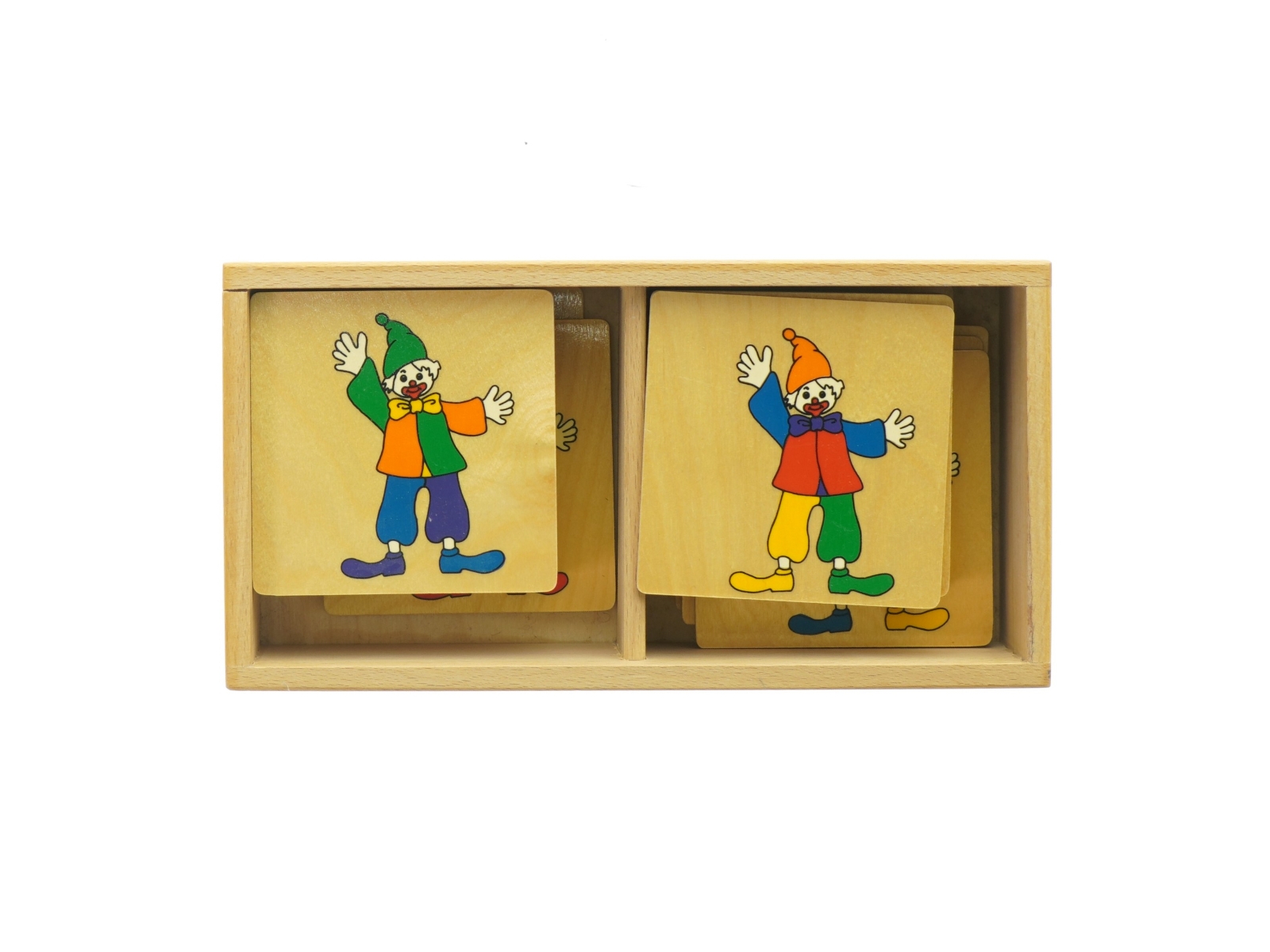 Træhuskespil med klovnefigurer (str. 24 x 12 cm)