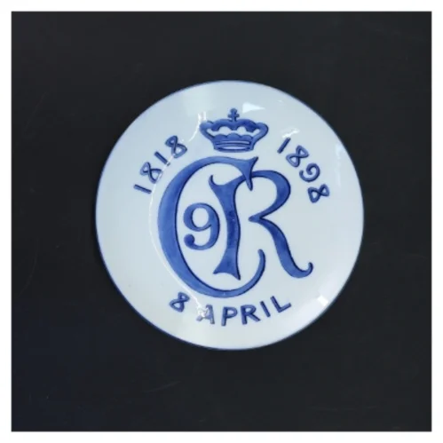 Porcelænstallerken med kongeligt monogram (str. Ø 16 cm)