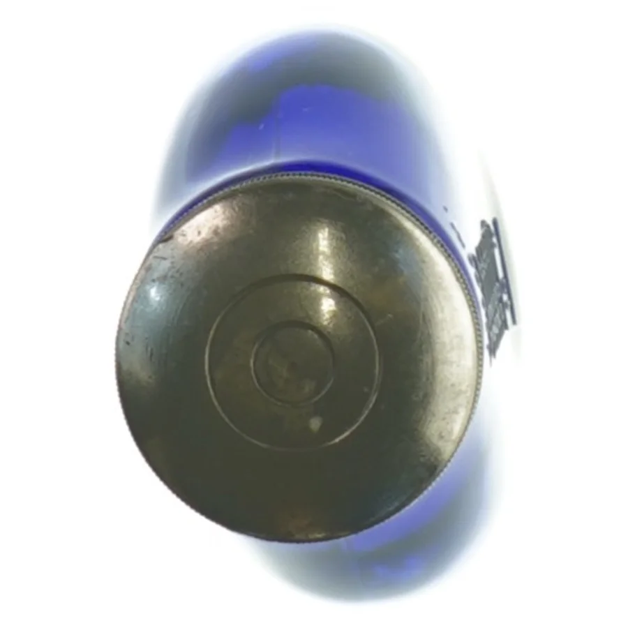 Gammel Blå glasflaske med måleenheder (str. H. 9 cm. b. 7 cm)