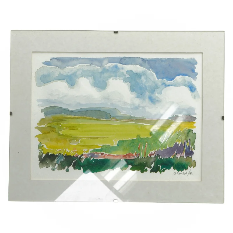 Akvarel landskabsmaleri i ramme (str. 30x24 cm)
