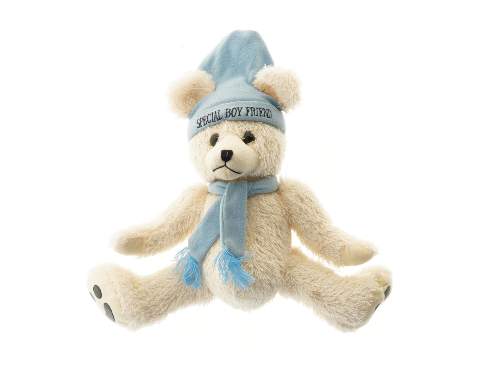 Bamse med blå hat og halstørklæde (str. 46x24 cm)