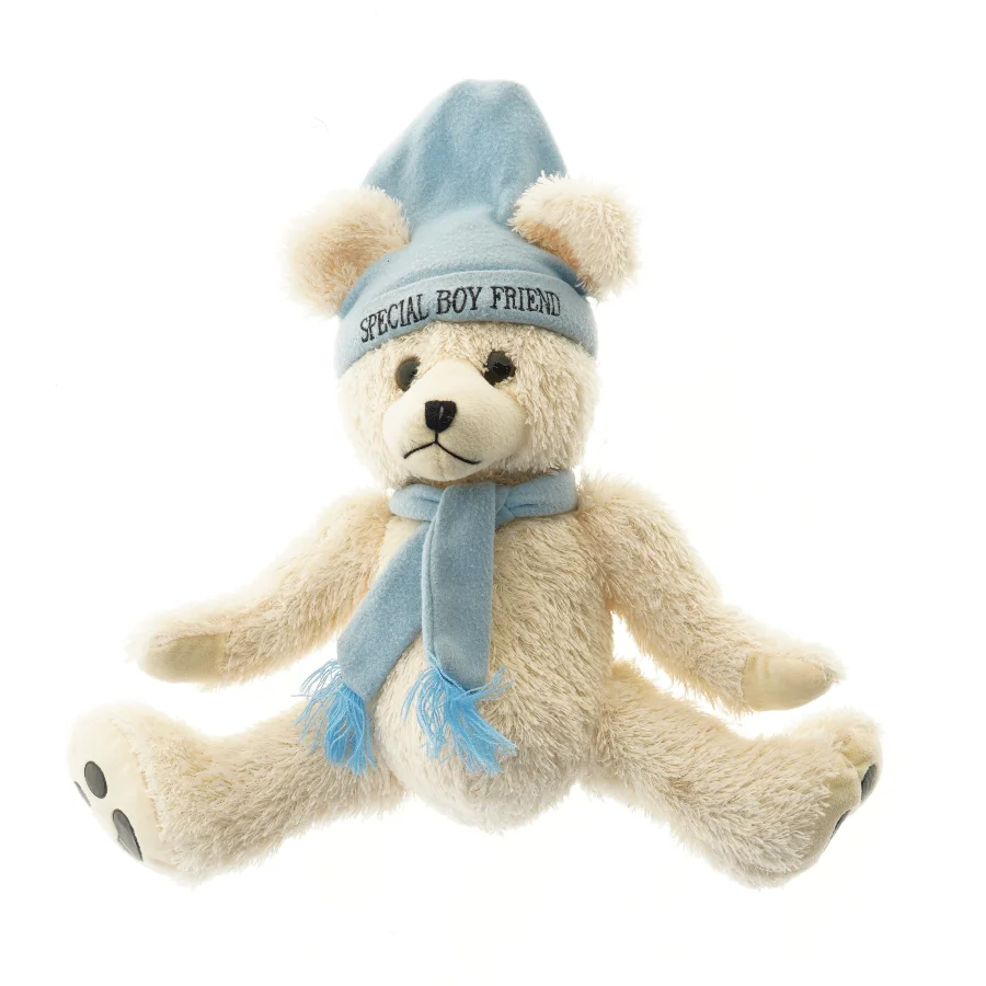 Bamse med blå hat og halstørklæde (str. 46x24 cm)
