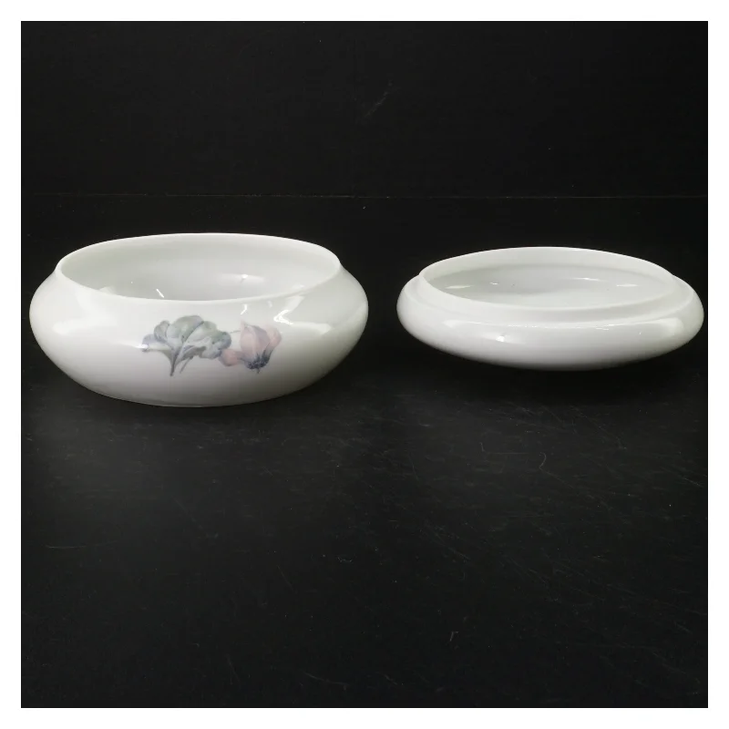 Porcelænsskål med låg og blomstermotiv (str. Ø. 15 cm)