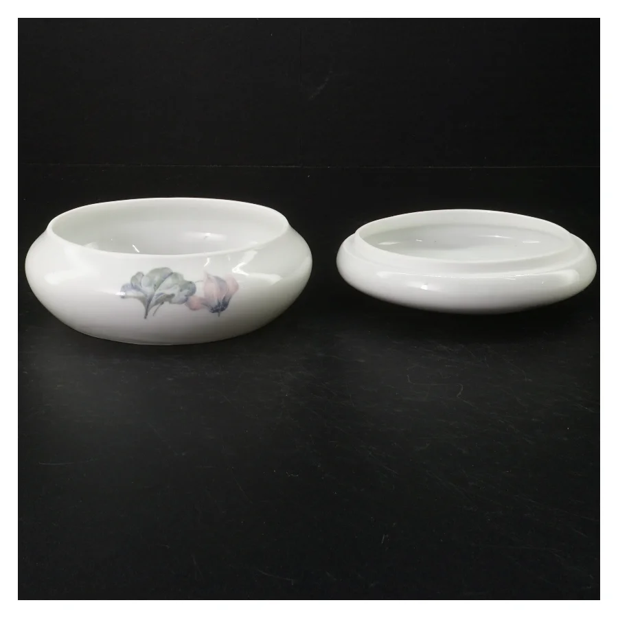 Porcelænsskål med låg og blomstermotiv (str. Ø. 15 cm)