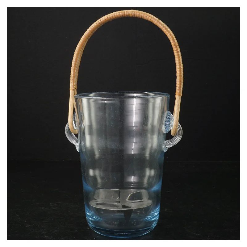 Holmegård Isterningespand med tang og hank i rattan (str. H 15,5 cm)