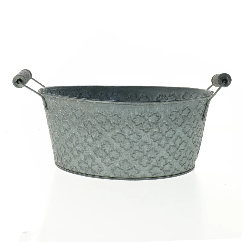 Rund zinkbeholder med blomsterdesign (str. Ø 22 cm)