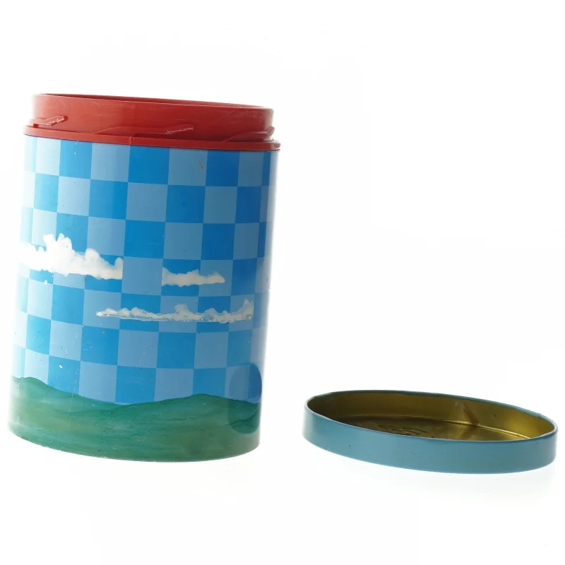 Retro irma kunstdåse Blå opbevaringsdåse med skyer og landskab fra Irma (str. Ø 11,5 cm længde 15 cm)