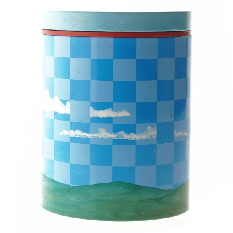 Retro irma kunstdåse Blå opbevaringsdåse med skyer og landskab fra Irma (str. Ø 11,5 cm længde 15 cm)