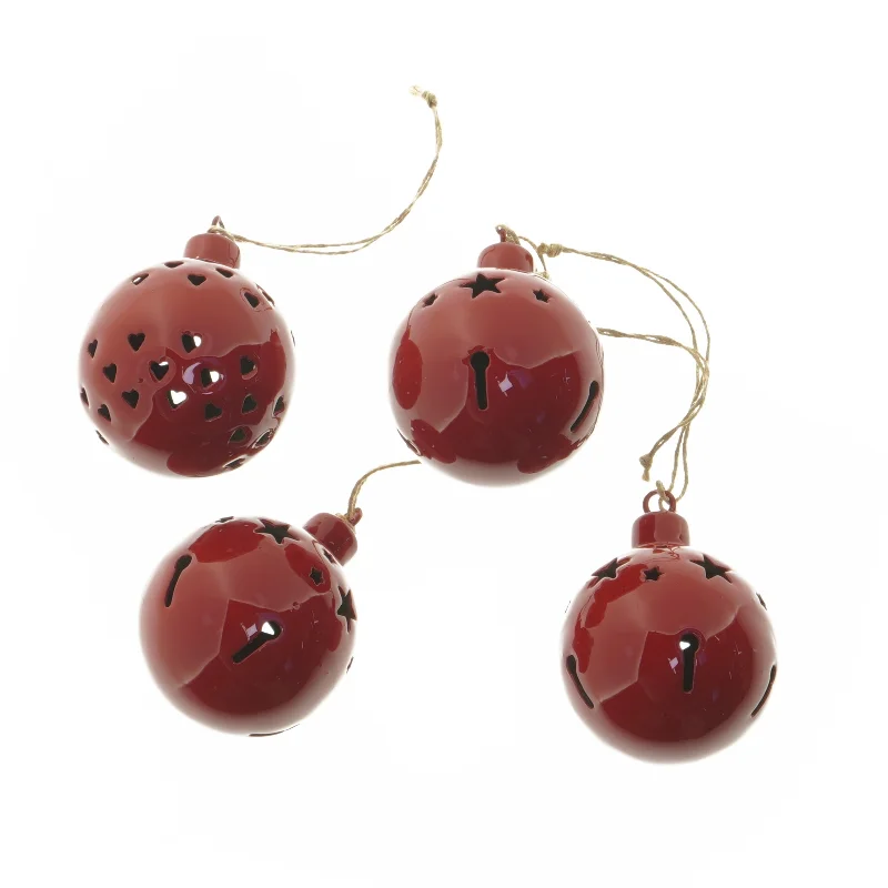 Røde metaljulekugler med udskæringer (str. Ø 6 cm)
