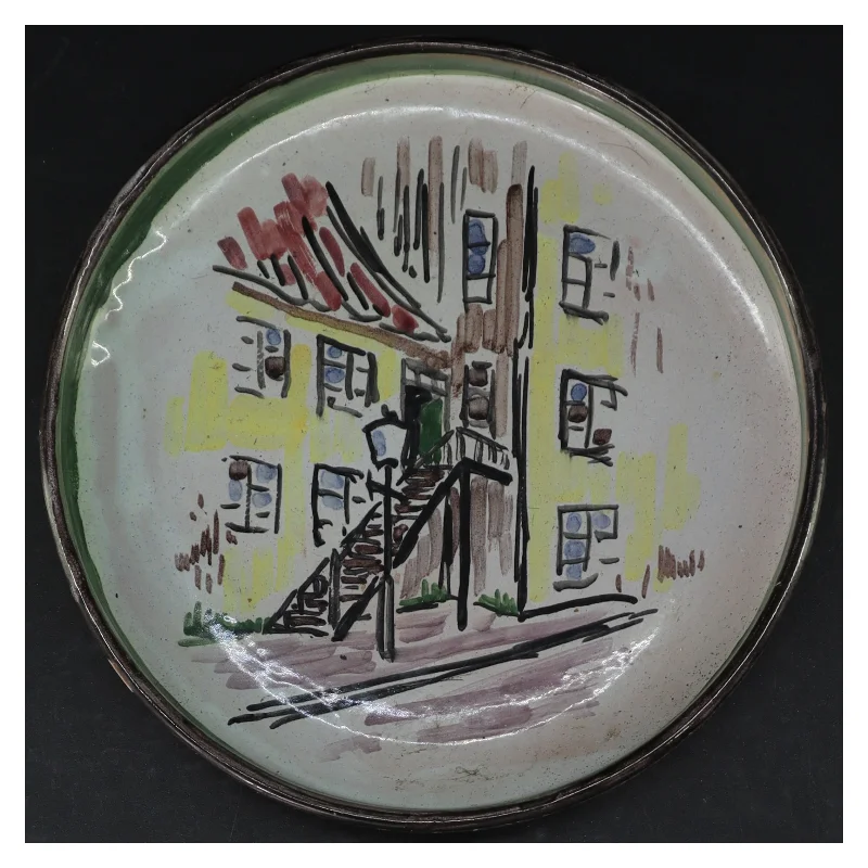 Keramik fad med håndmalet dekoration (str. Ø. 20 cm)