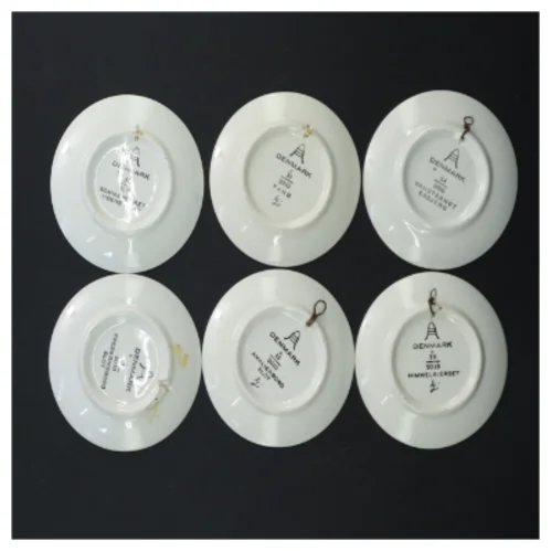 Dekorative porcelænstallerkener med danske motiver (str. Ø. 8,5 cm. 6 styk) fra Aluminia