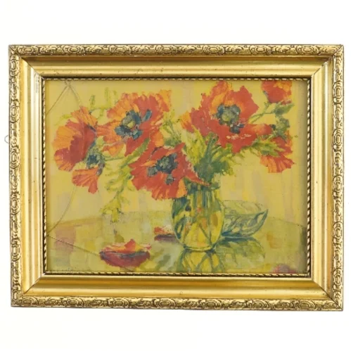 Maleri med valmuemotiver i guldramme (str. 50x40 cm)