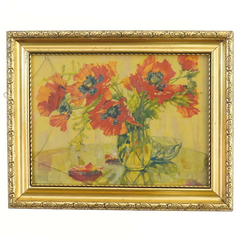 Maleri med valmuemotiver i guldramme (str. 50x40 cm)