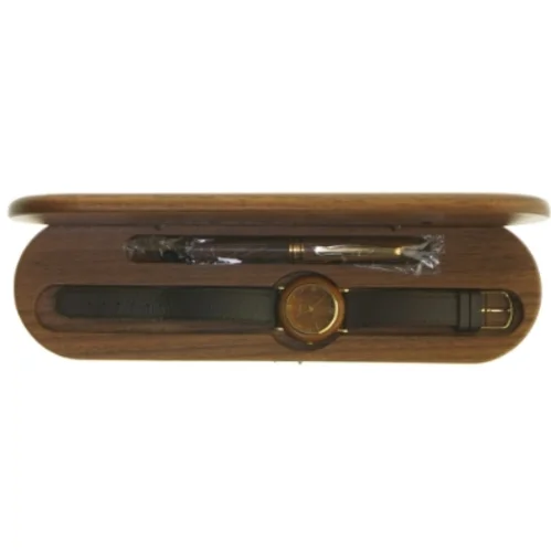 Ur og fyldpen i træ etui fra Quartz (str. Ø. 3,4 cm)