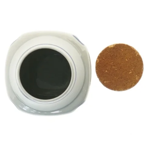 Kakaokrukke med korklåg fra Søholm (str. Ø 7,5 cm længde 14,5 cm)