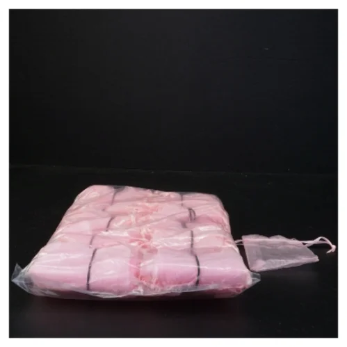 100 Små rosa smykkeposer eller risposer i chiffon (str. 8,5 x 6,5 cm)