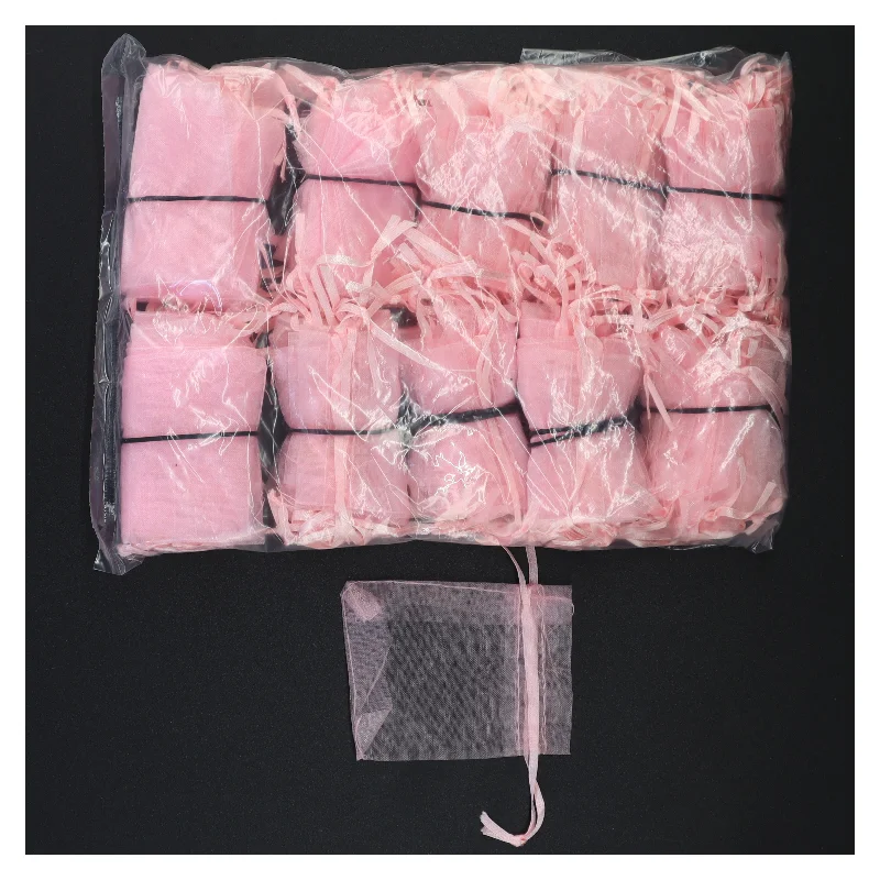 100 Små rosa smykkeposer eller risposer i chiffon (str. 8,5 x 6,5 cm)