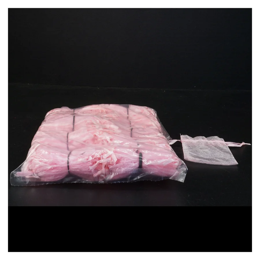 100 Små rosa smykkeposer eller risposer i chiffon (str. 8,5 x 6,5 cm)