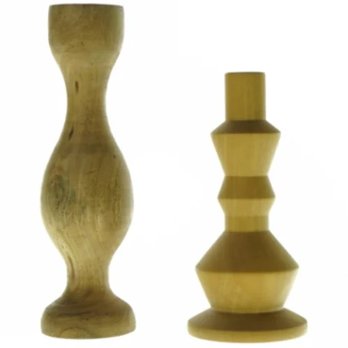 Lysestager i træ, 2 stk (str. 20 x 9 og 25 x 5)