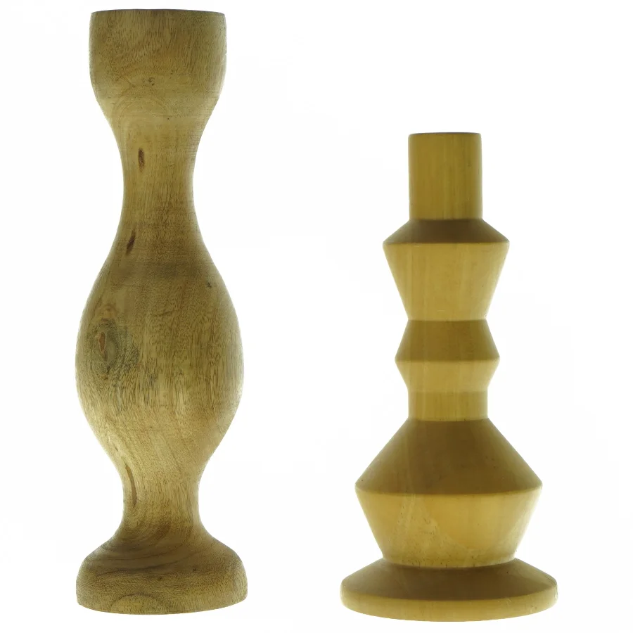 Lysestager i træ, 2 stk (str. 20 x 9 og 25 x 5)