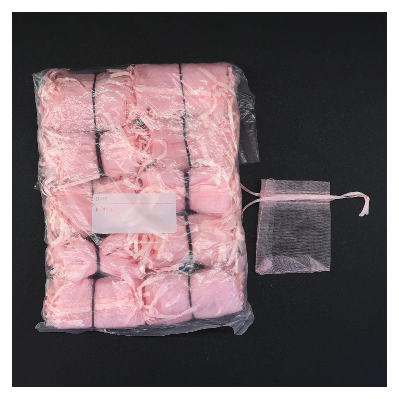 100 Små rosa smykkeposer eller risposer i chiffon (str. 8,5 x 6,5 cm)