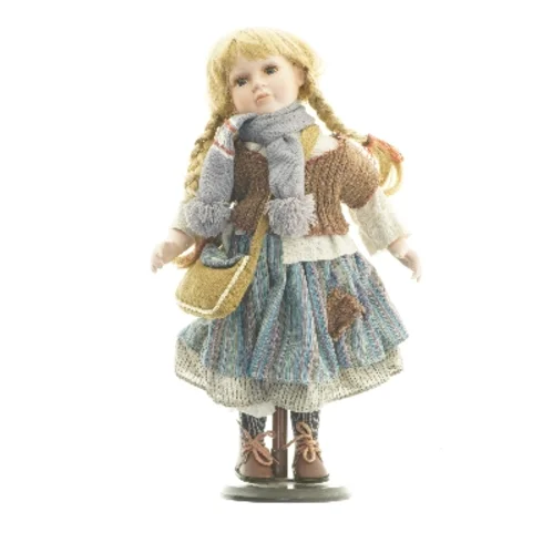 Porcelænsdukke med stribet nederdel (str. 45,5 cm)