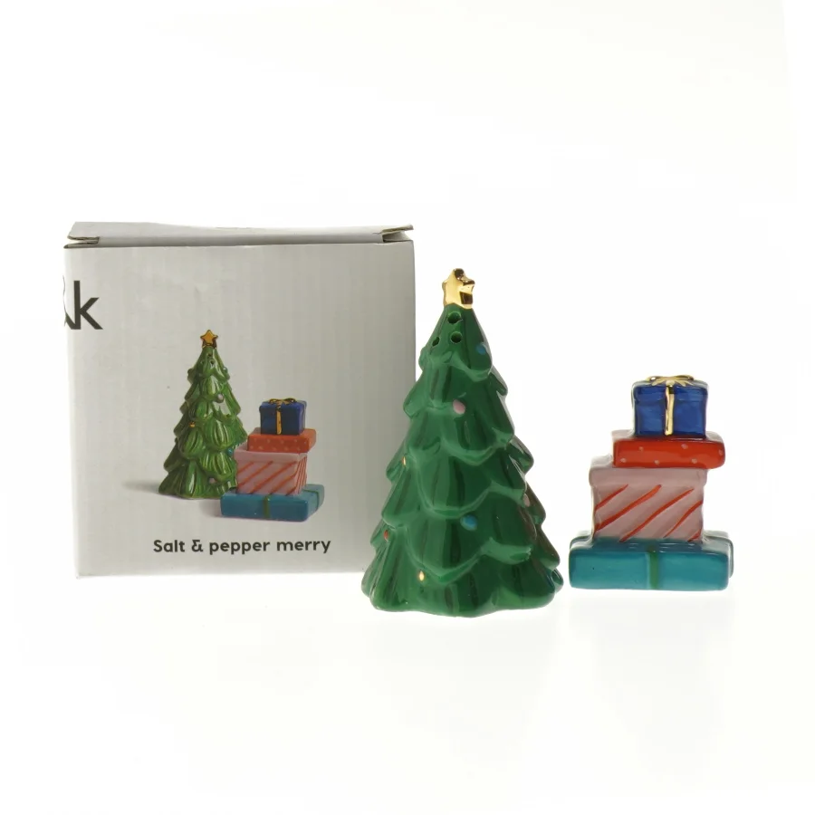Salt- og pebersæt med juletræ og gaver fra Amsterdam (str. 6,5 og 10 cm)