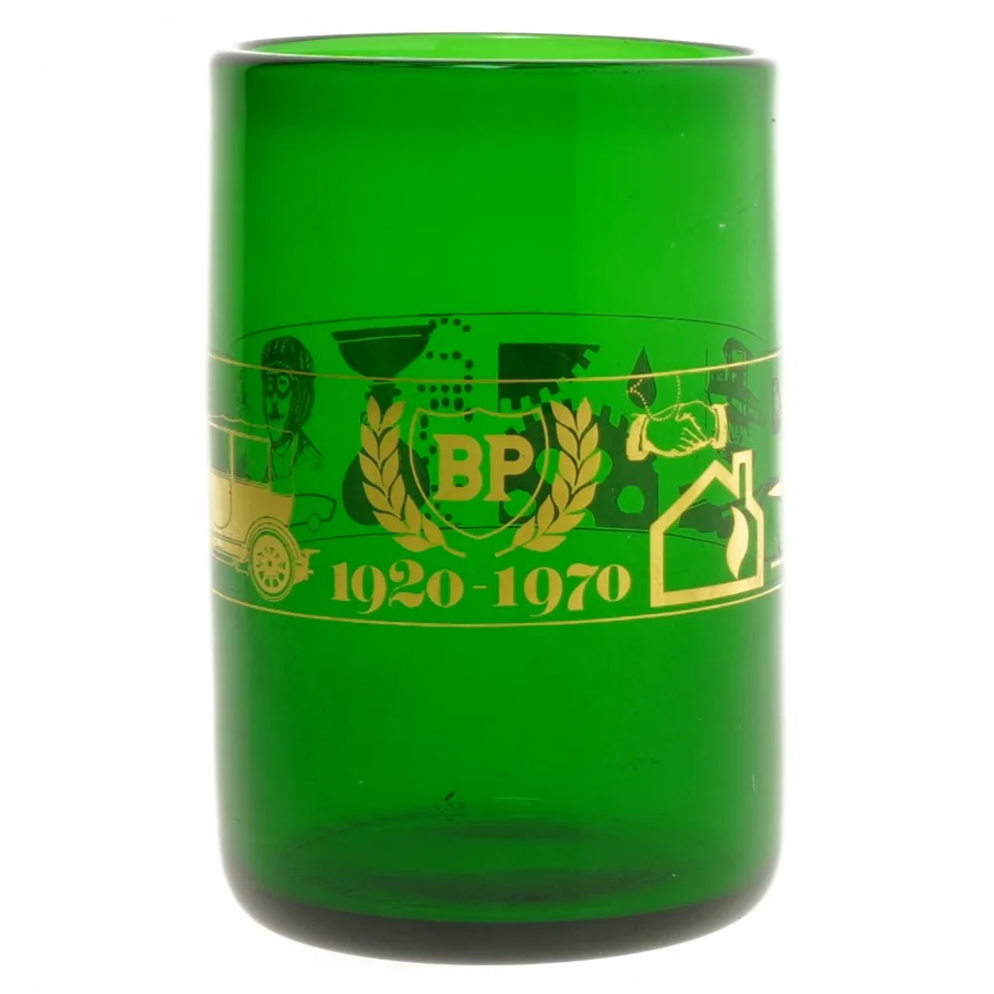 Grøn BP 1920-1970 souvenirglas fra BP (str. 15 cm)
