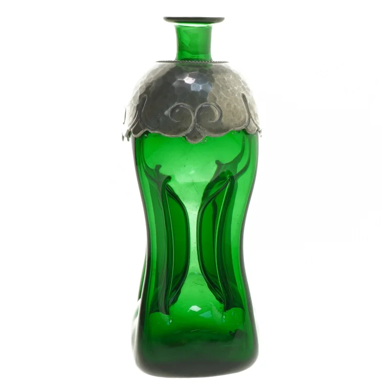 Grøn glasflaske med metaldekoration (str. 18 cm)