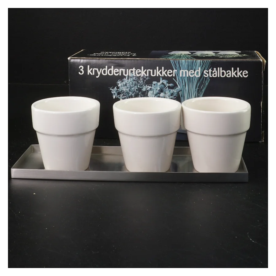 Sæt af krydderurtekrukker med stålbakke (str. 6 cm)