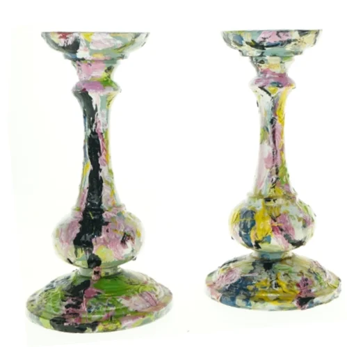 Dekorativt malede lysestager (str. 24,5 x 13 cm)