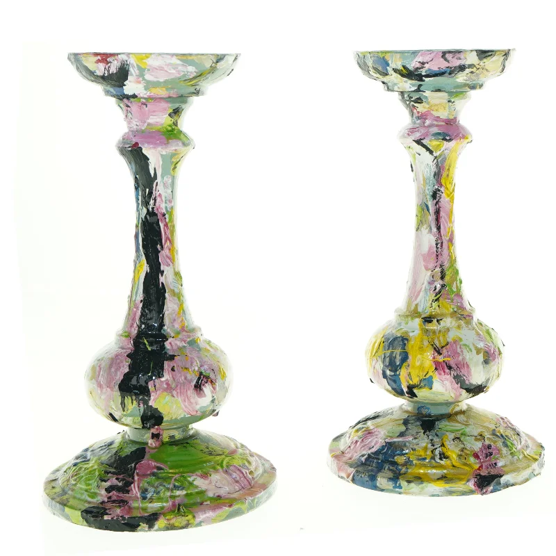 Dekorativt malede lysestager (str. 24,5 x 13 cm)