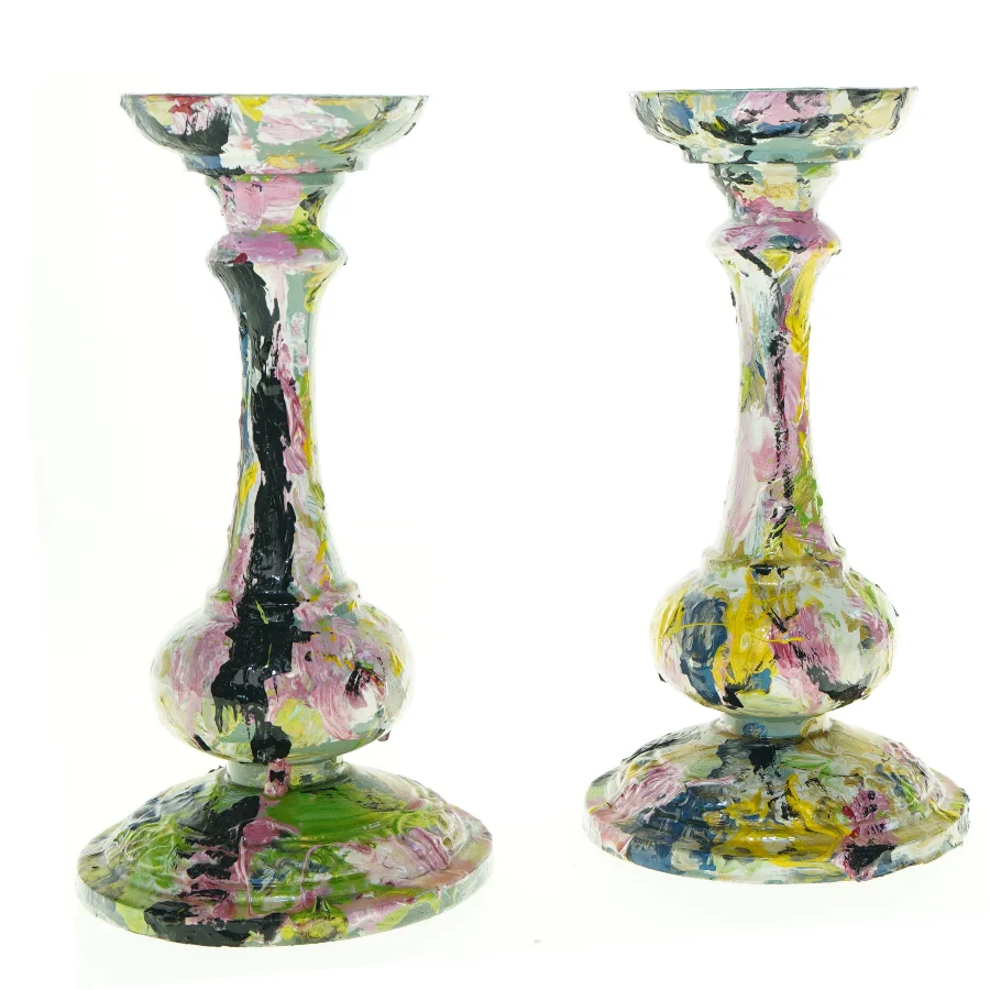 Dekorativt malede lysestager (str. 24,5 x 13 cm)