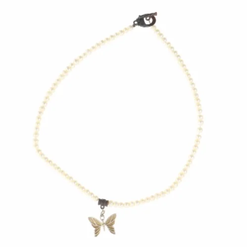 Perlehalskæde med sommerfuglevedhæng (str. Kæde 41 cm)