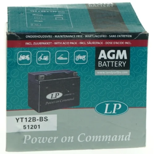 Motorcykelbatteri LP YT12B-BS fra Agm (str. 15 x, 13 x 6 og en halv cm)