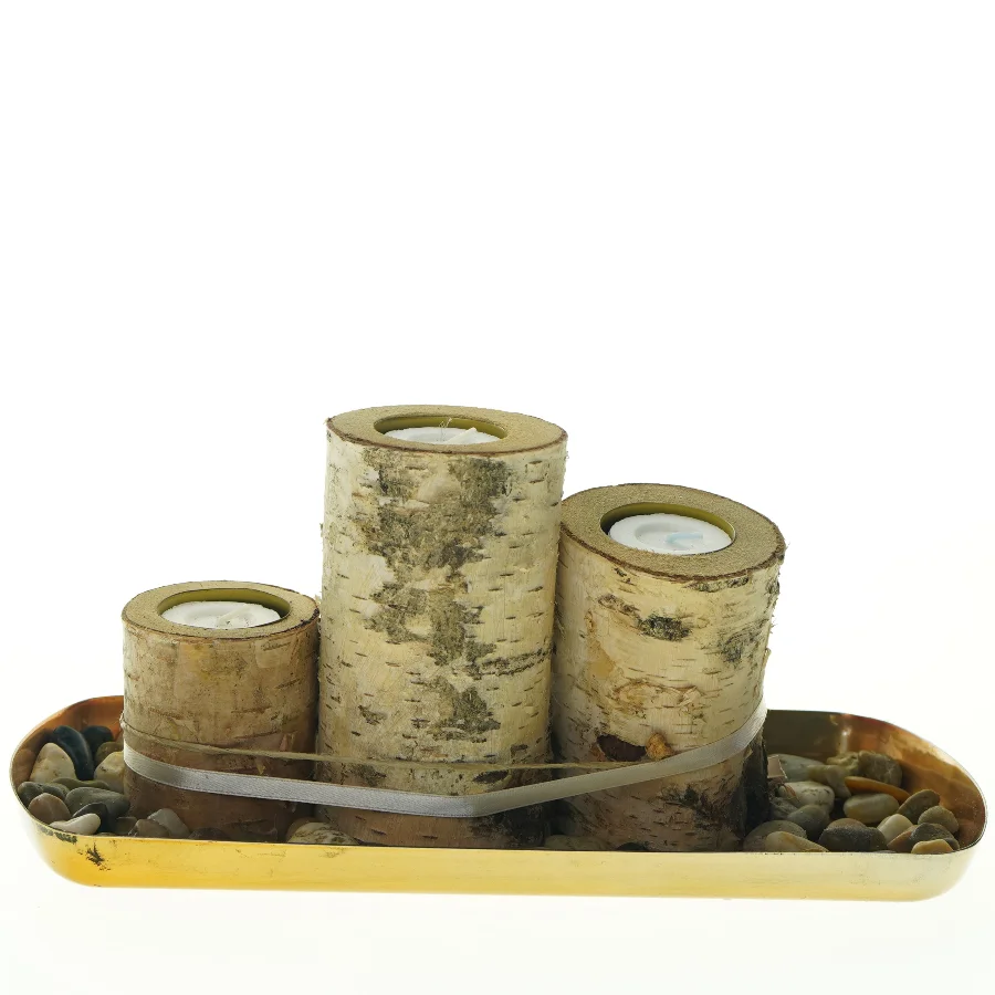 Birketræs lysestager med stenbakke (str. Længde, 30 cm)