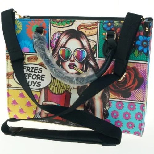 Farverig håndtaske med print (str. 35x13x27 cm)