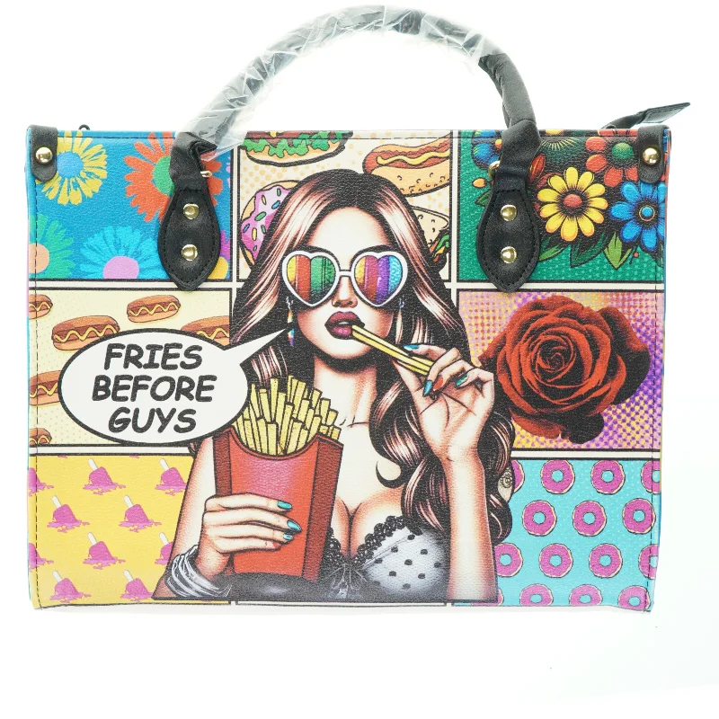 Farverig håndtaske med print (str. 35x13x27 cm)