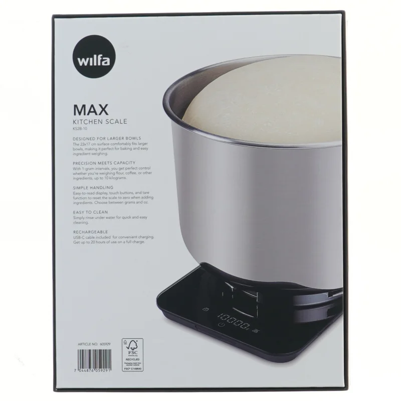 Genopladelig køkkenvægt fra Wilfa (str. 23x17 cm)