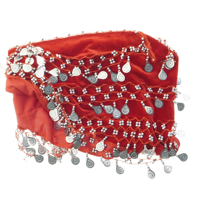 Rød sjal med mønter (str. 120 cm)