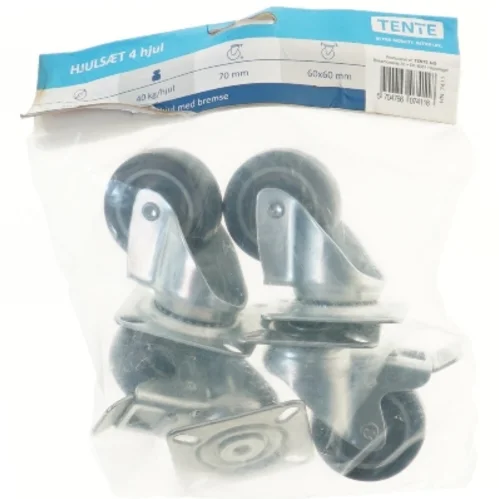 Hjulsæt med 4 hjul og bremse fra Tente (str. 6x6 cm)